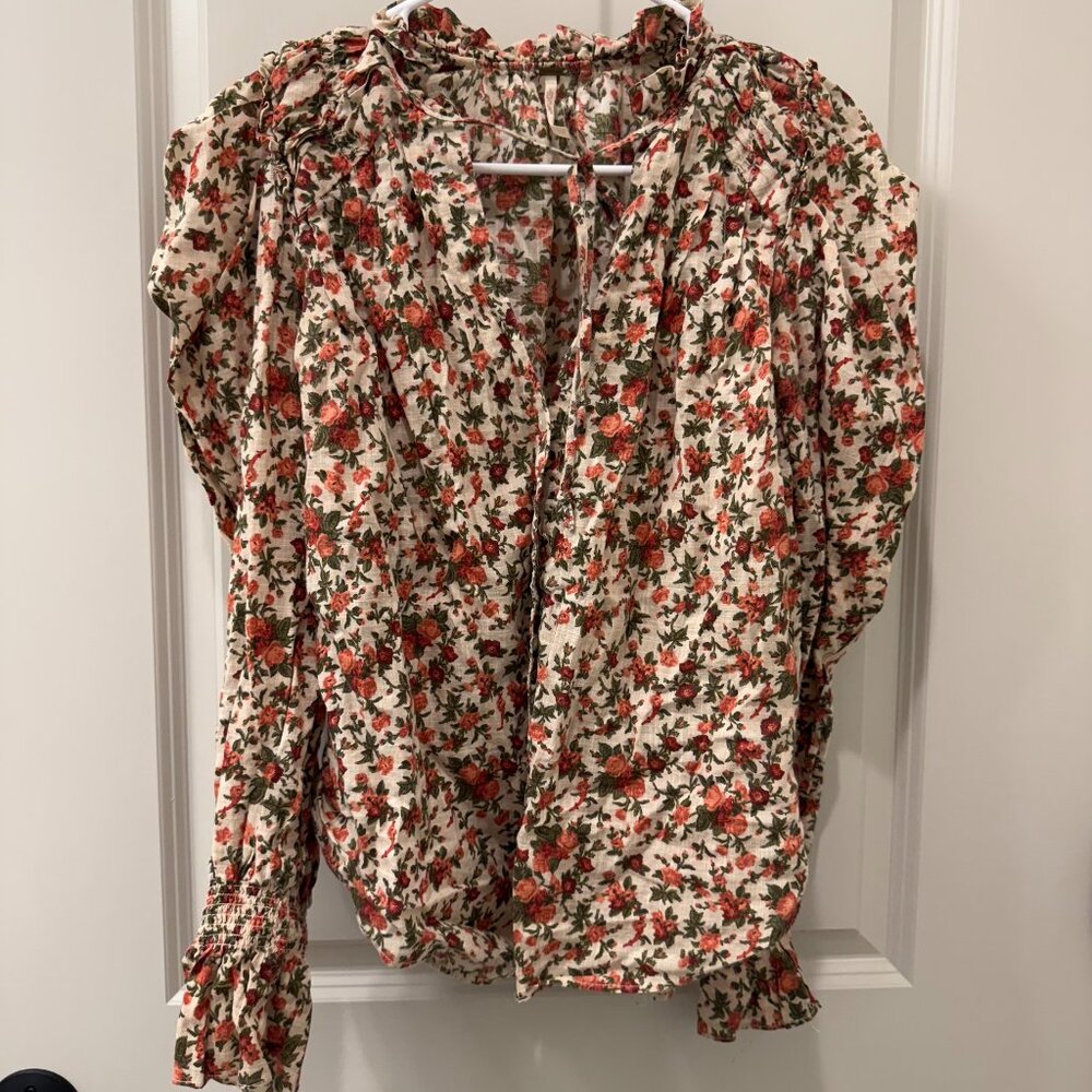 Free People Meant to Be Blouse XS Vintage Combo Floral Cotton Button Missing